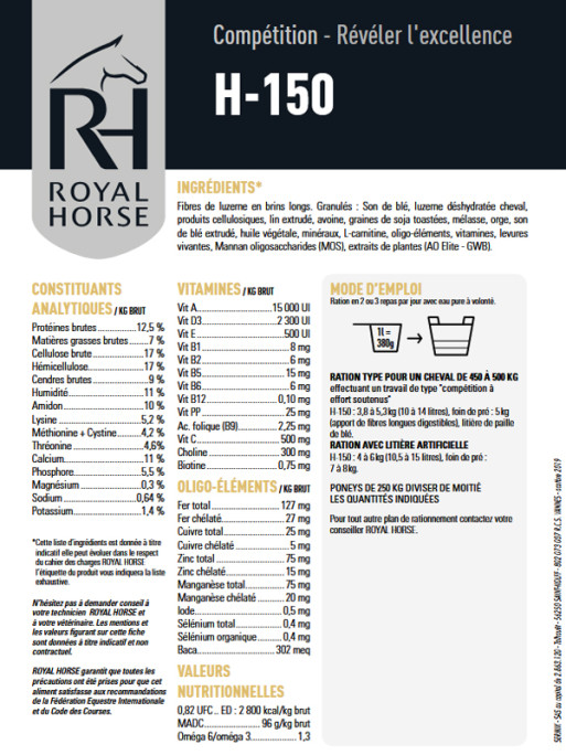 Aliments fibres longues et granulés H-150 20 kg Royal Horse