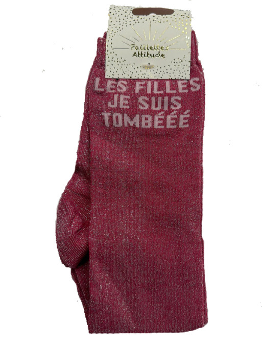 Chaussettes pailletée ''Les filles je suis tombééé'' Paillettes Attitude