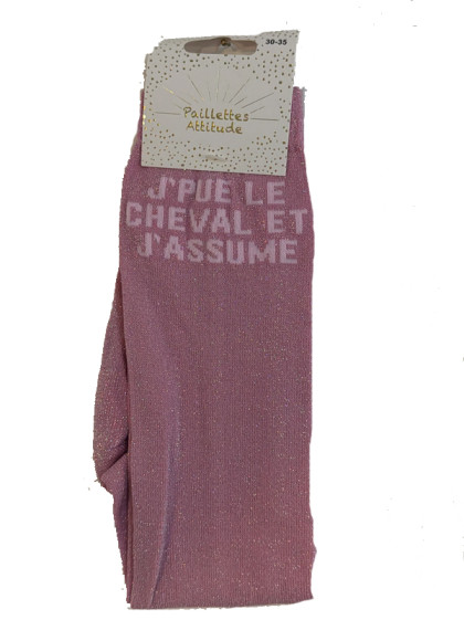 Chaussettes d'équitation enfant pailletées ''Je pue le cheval et j'assume'' Paillettes Attitude