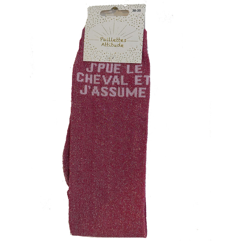 Chaussettes d'équitation enfant pailletées ''Je pue le cheval et j'assume'' Paillettes Attitude