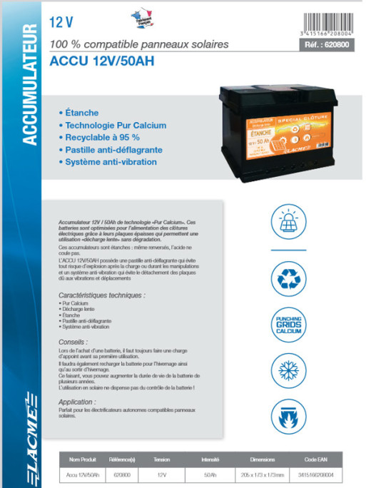 Accumulateur 12V/50Ah Lacmé