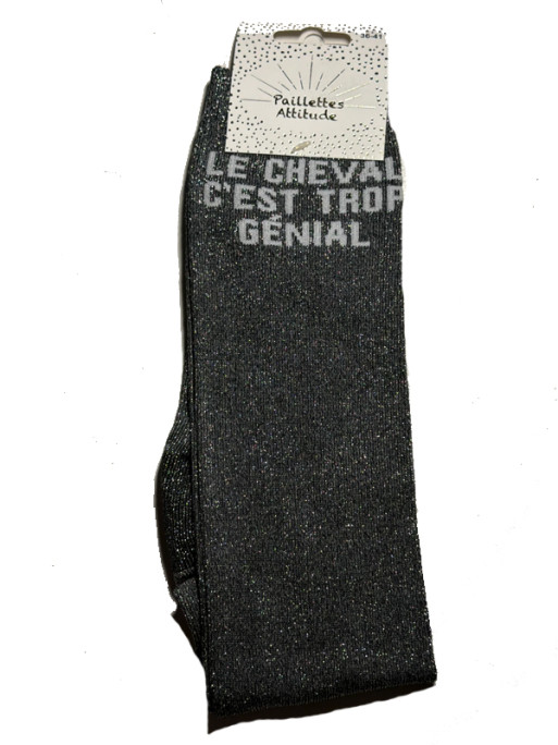 Chaussettes d'équitation pailletées ''Le cheval c'est trop génial'' Paillettes Attitude