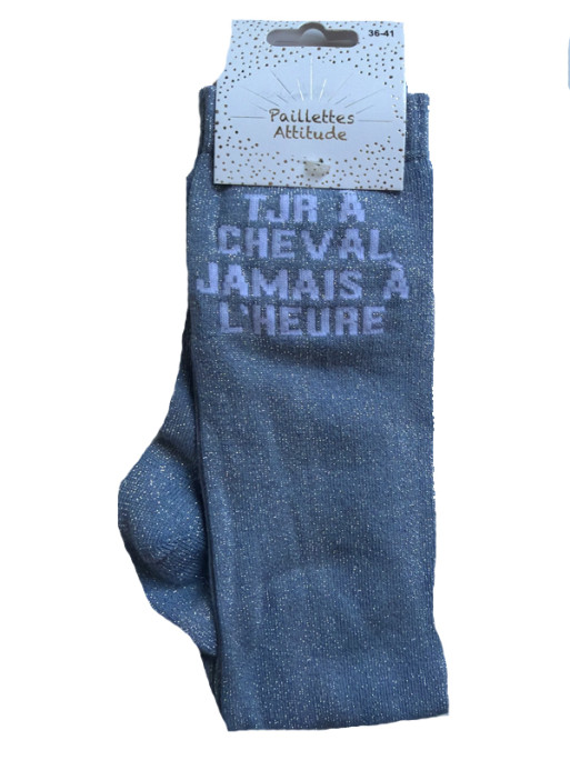 Chaussettes d'équitation pailletées ''Tjr à cheval jamais à l'heure'' Paillettes Attitude
