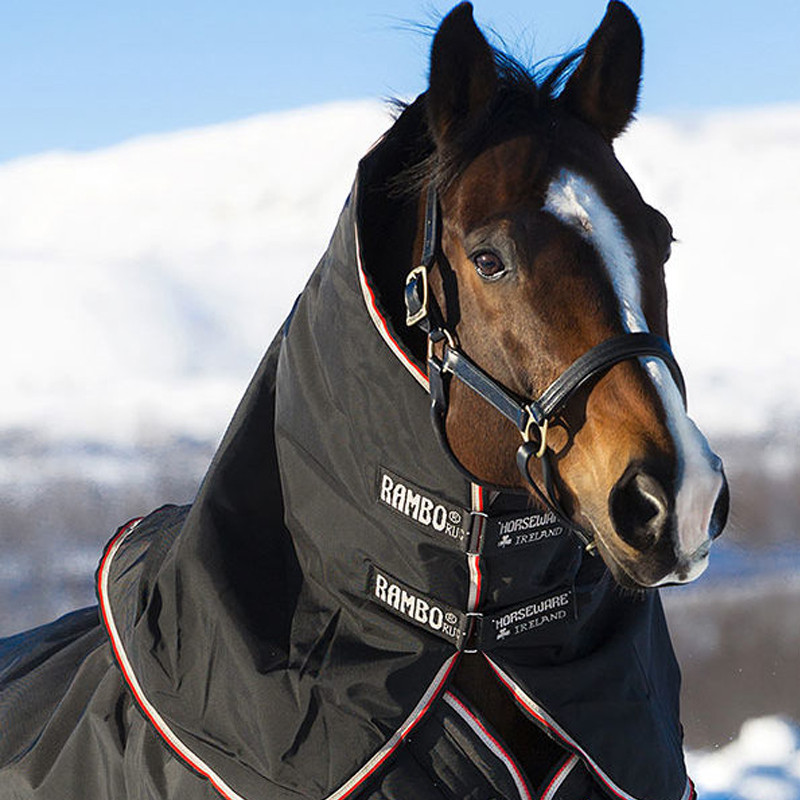 Couvre cou Rambo Supreme Hood Horseware noir et orange cheval bai